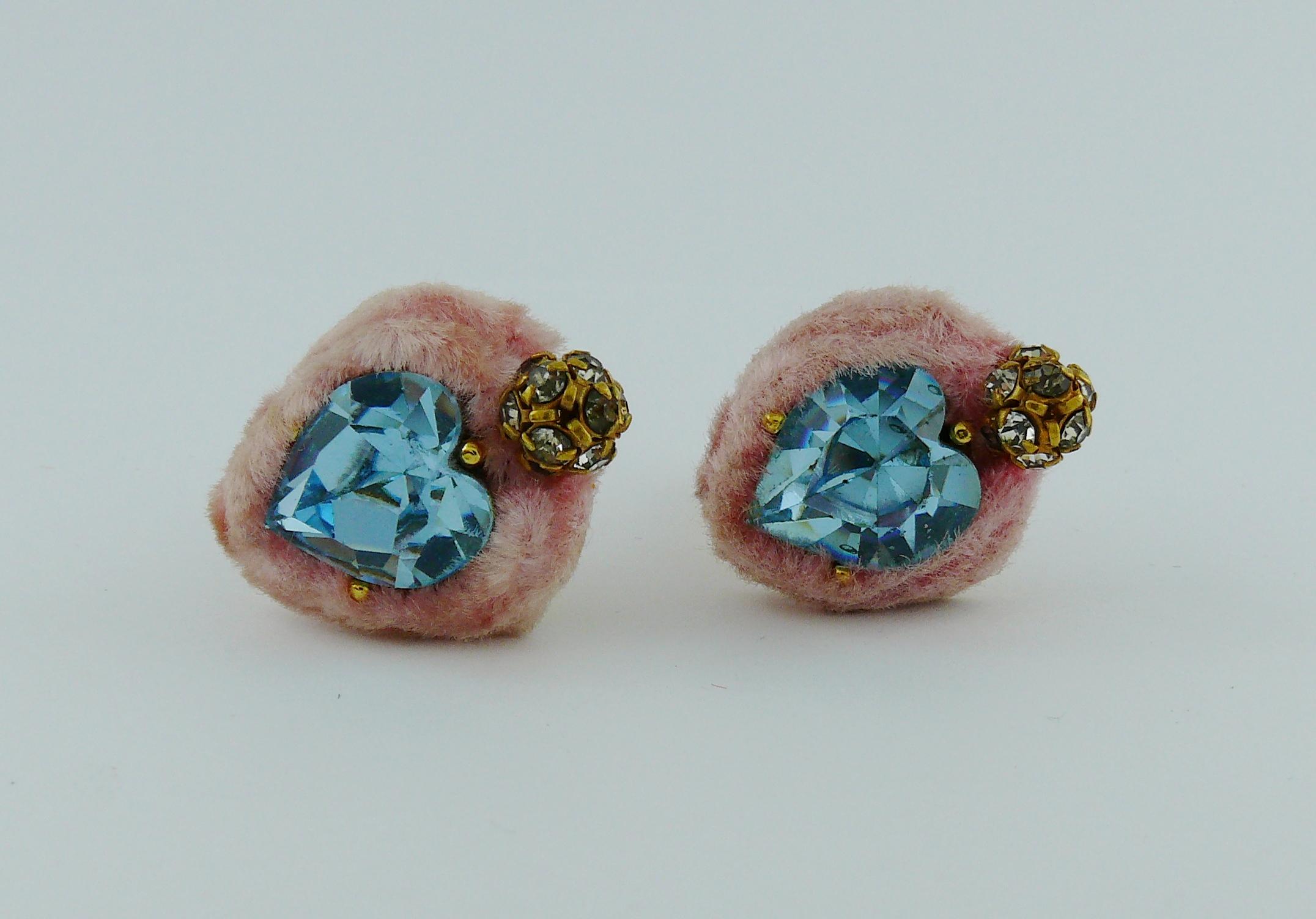 Christian Lacroix Vintage Heart Shaped Crystal Clip-On Earrings In Fair Condition In Nice, FR