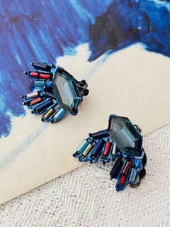 Christian Lacroix Vintage Hexagon Navy Purple Iridescent Crystals Wing Earrings