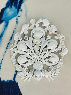 Christian Lacroix Vintage Huge Skull White Crystals Logo Fan Flower Brooch