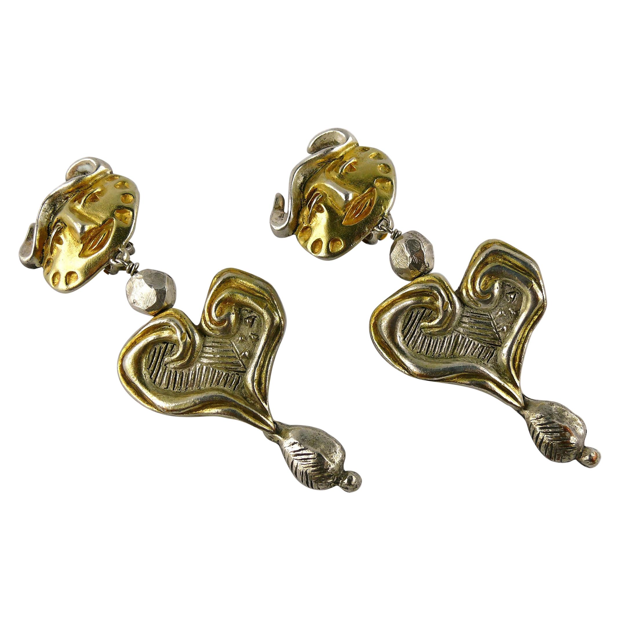 Christian Lacroix Vintage Iconic Bull Head and Heart Dangling Earrings For Sale