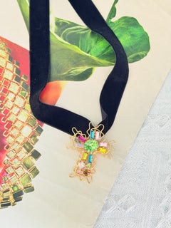 Christian Lacroix Vintage Iconic Gold Cross Green Blue Wirework Pendant Brooch
