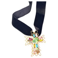 Christian Lacroix Vintage Iconic Gold Cross Green Blue Wirework Pendant Brooch