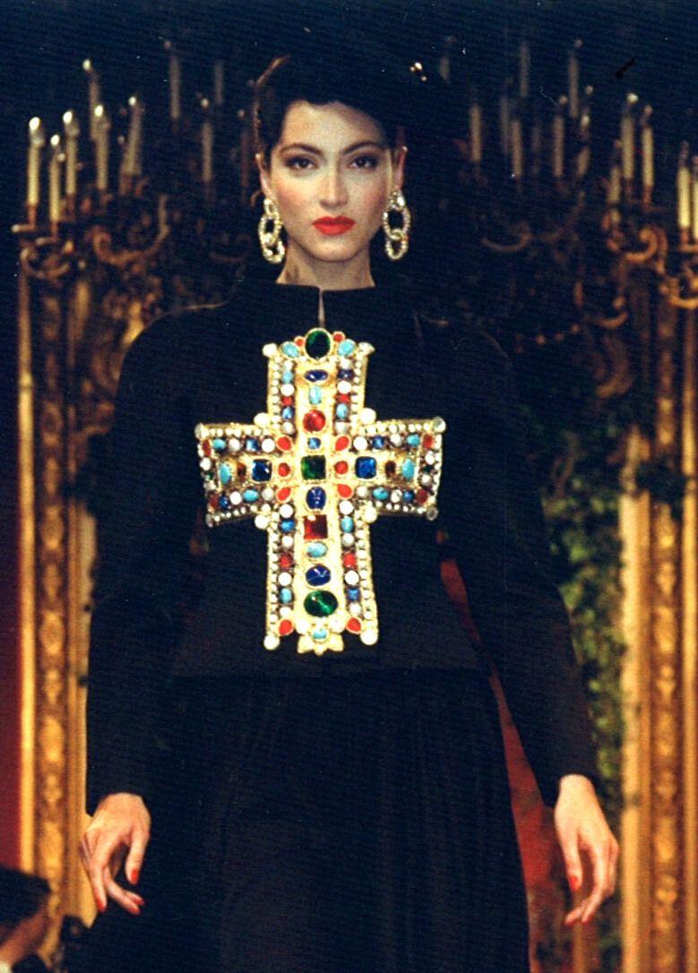 Black Christian Lacroix Vintage Iconic Jewelled Cross Denim Vest