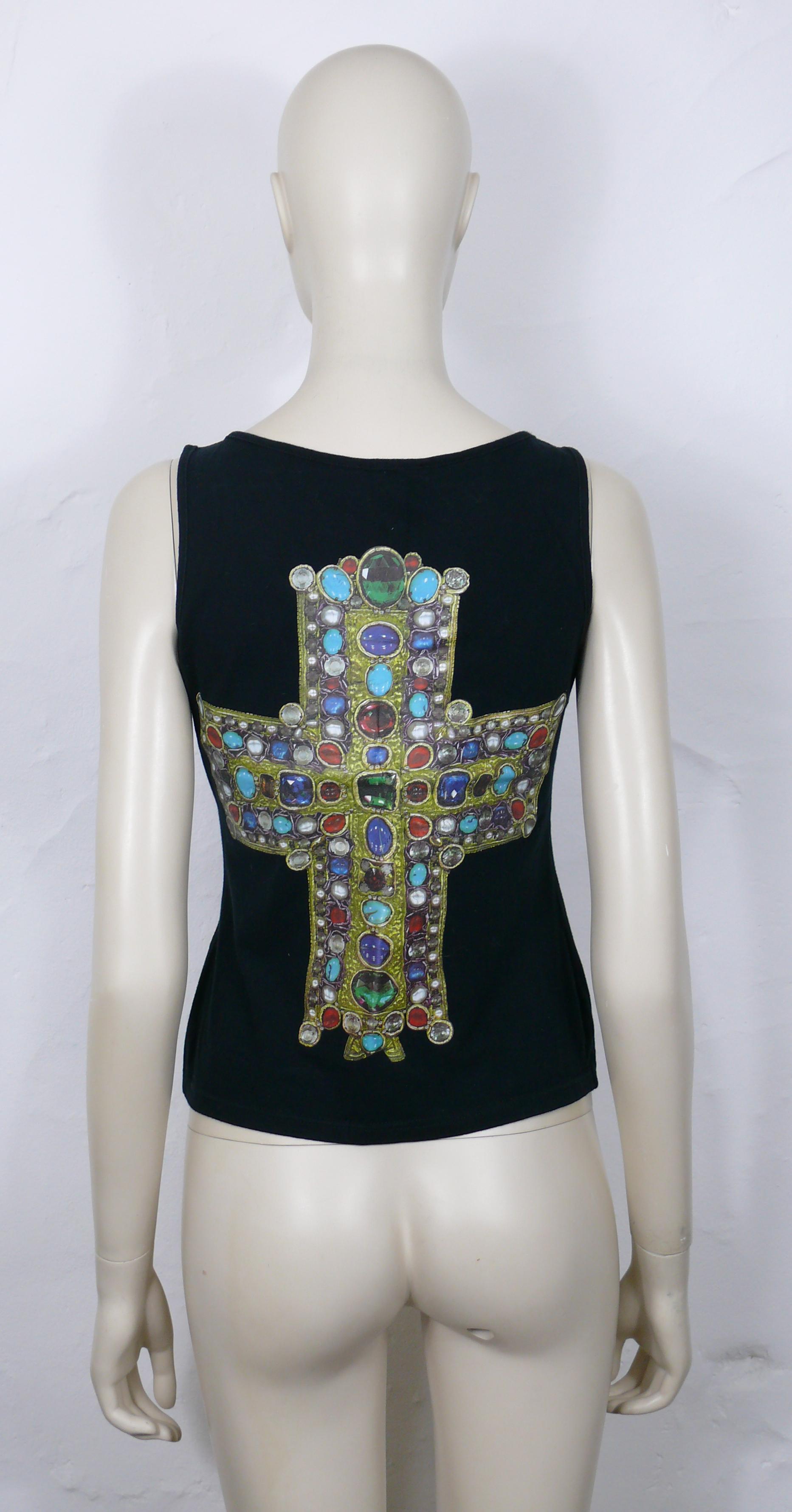 CHRISTIAN LACROIX Vintage Iconic Jewelled Cross Print Tank Top Size XS In Good Condition For Sale In Nice, FR