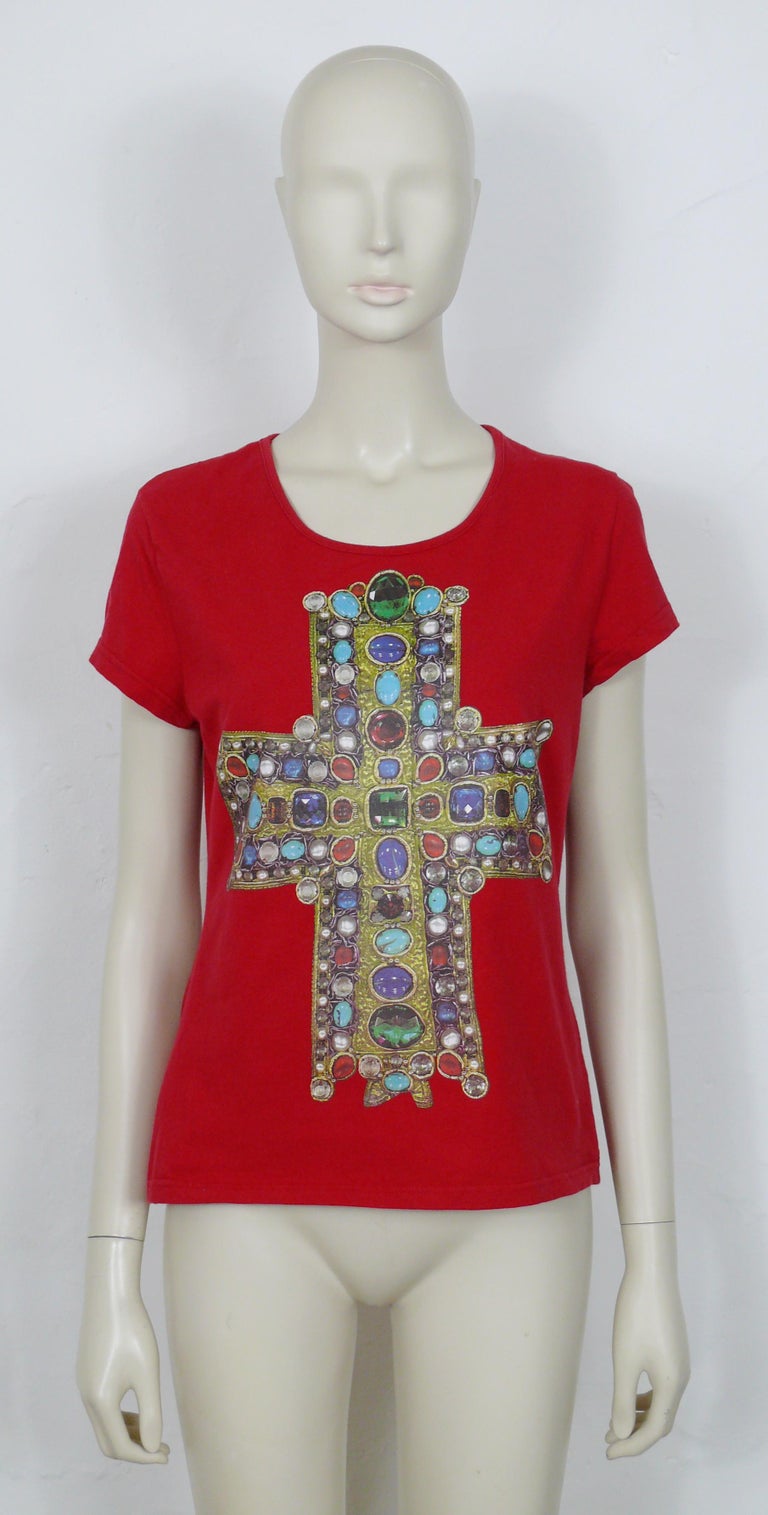 Gray Christian Lacroix Vintage Iconic Jewelled Cross Print Top Size L For Sale