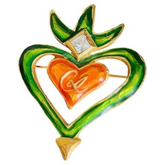Christian Lacroix Vintage Iconic Large Green Orange Heart Statement Brooch