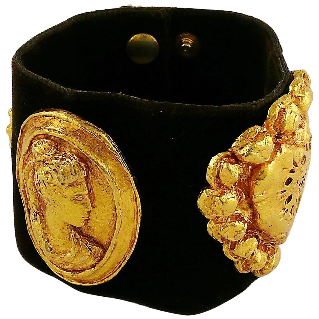 Christian Lacroix Vintage Iconic Roman Heart Medallion Brown Velvet Cuff