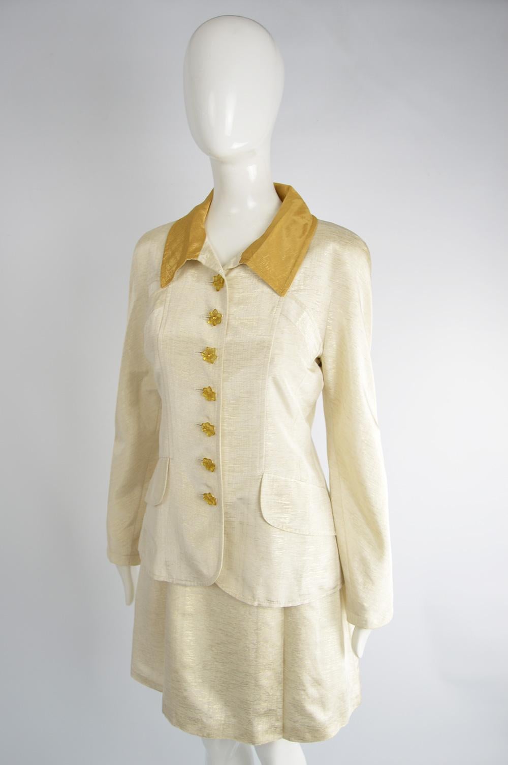 Women's Christian Lacroix Vintage Ivory Faille & Gold Lamé Two Piece Skirt Suit, 1990s
