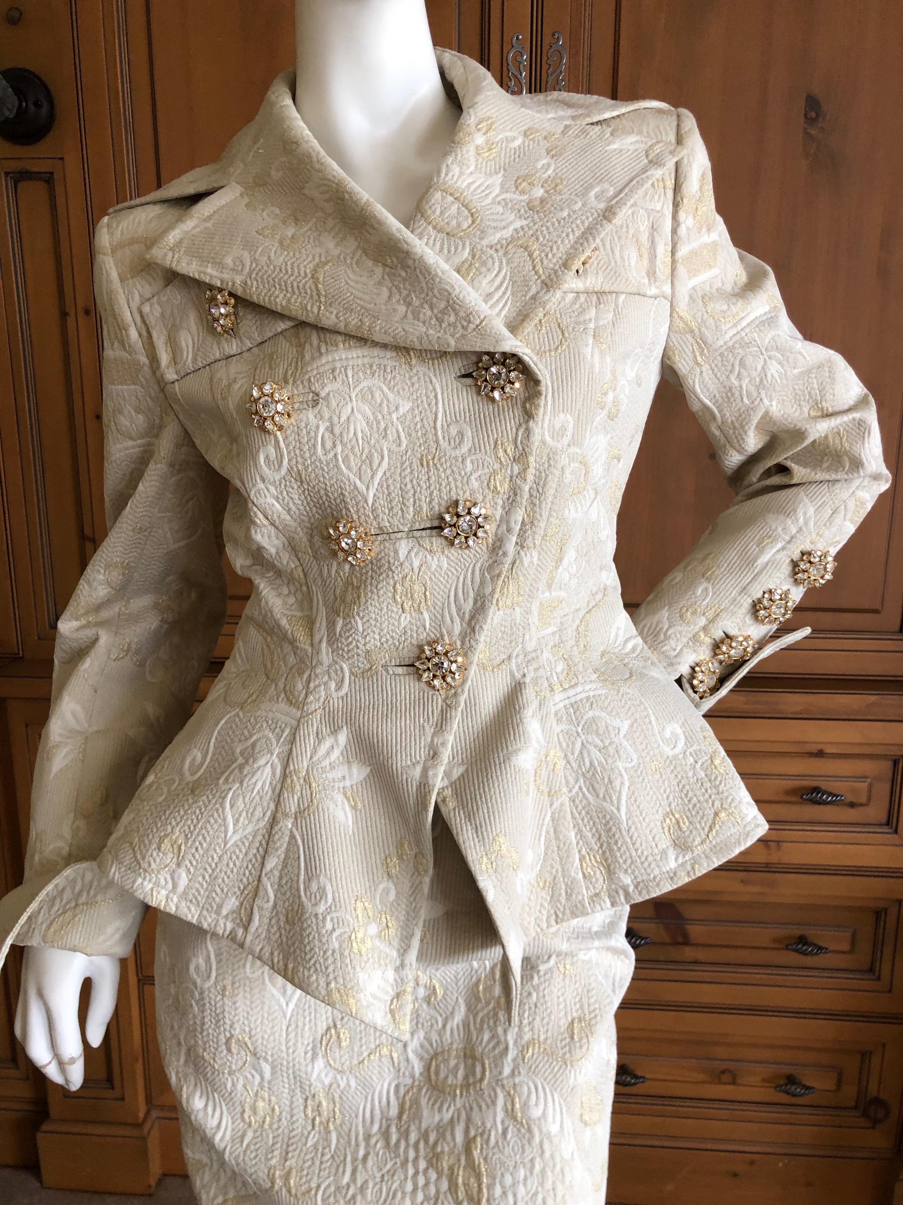 Christian Lacroix Vintage Jacquard Peplum Accented Suit w Jeweled Buttons & Belt.
From Christian Lacroix Pret a Porter
 Size 38 but seems to run small
 Bust 34