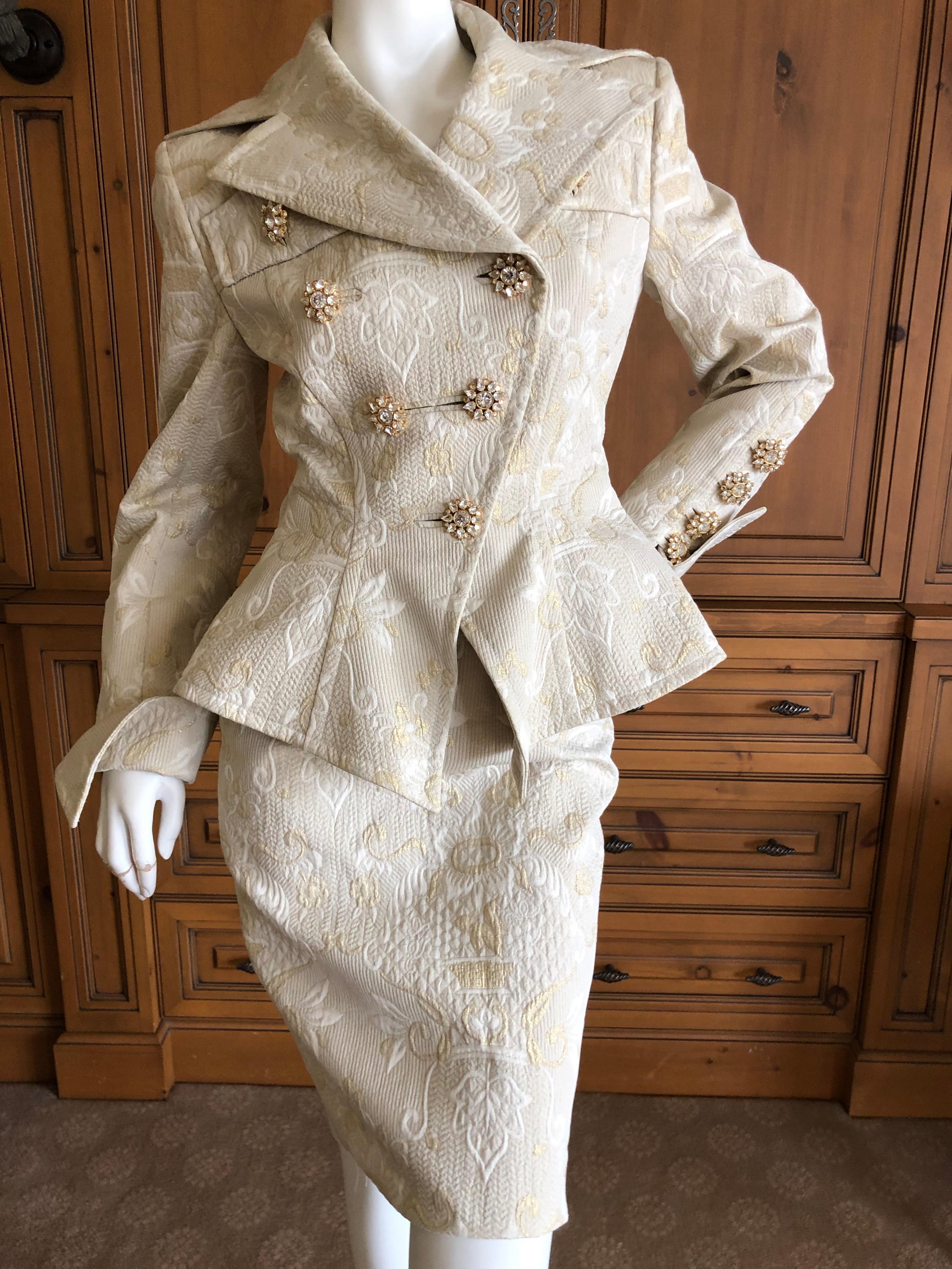 Beige Christian Lacroix Vintage Jacquard Peplum Accented Suit w Jeweled Buttons & Belt For Sale