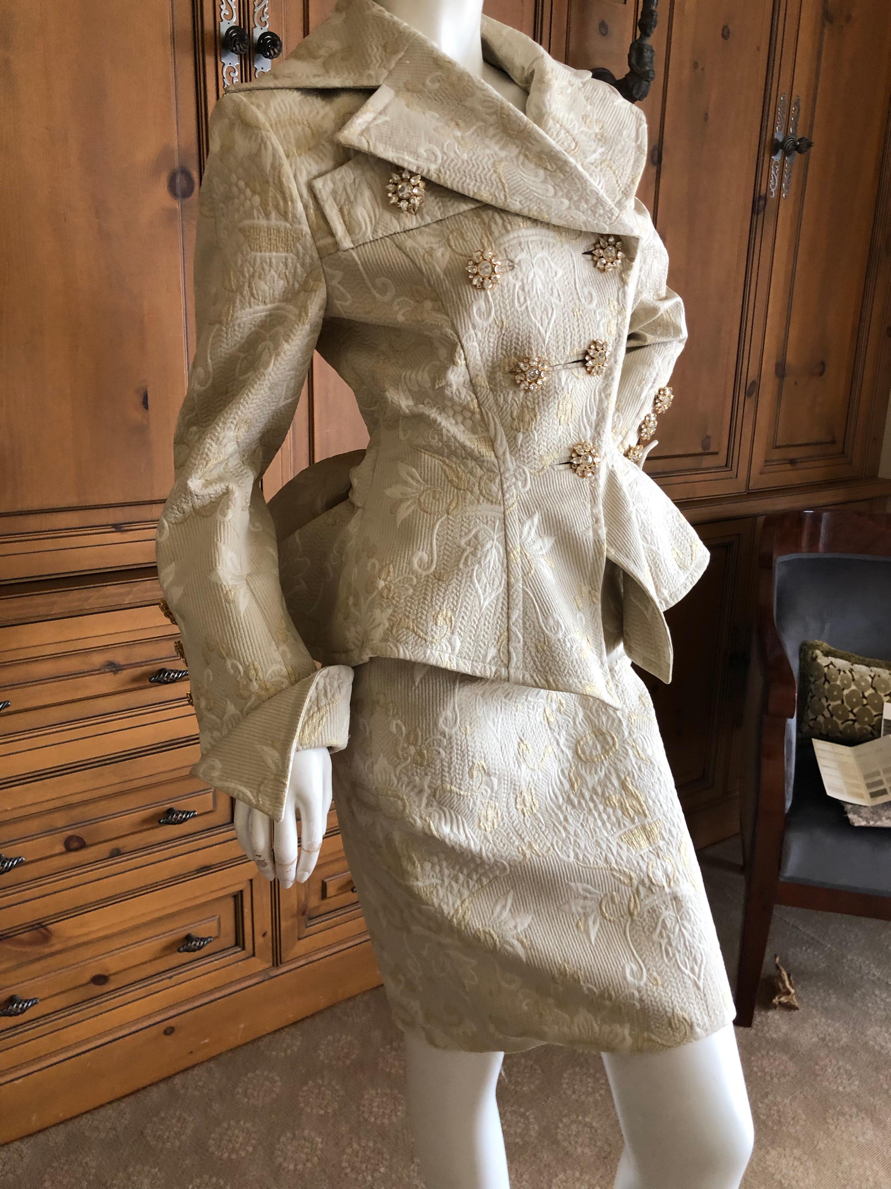 Christian Lacroix Vintage Jacquard Peplum Accented Suit w Jeweled Buttons & Belt For Sale 1