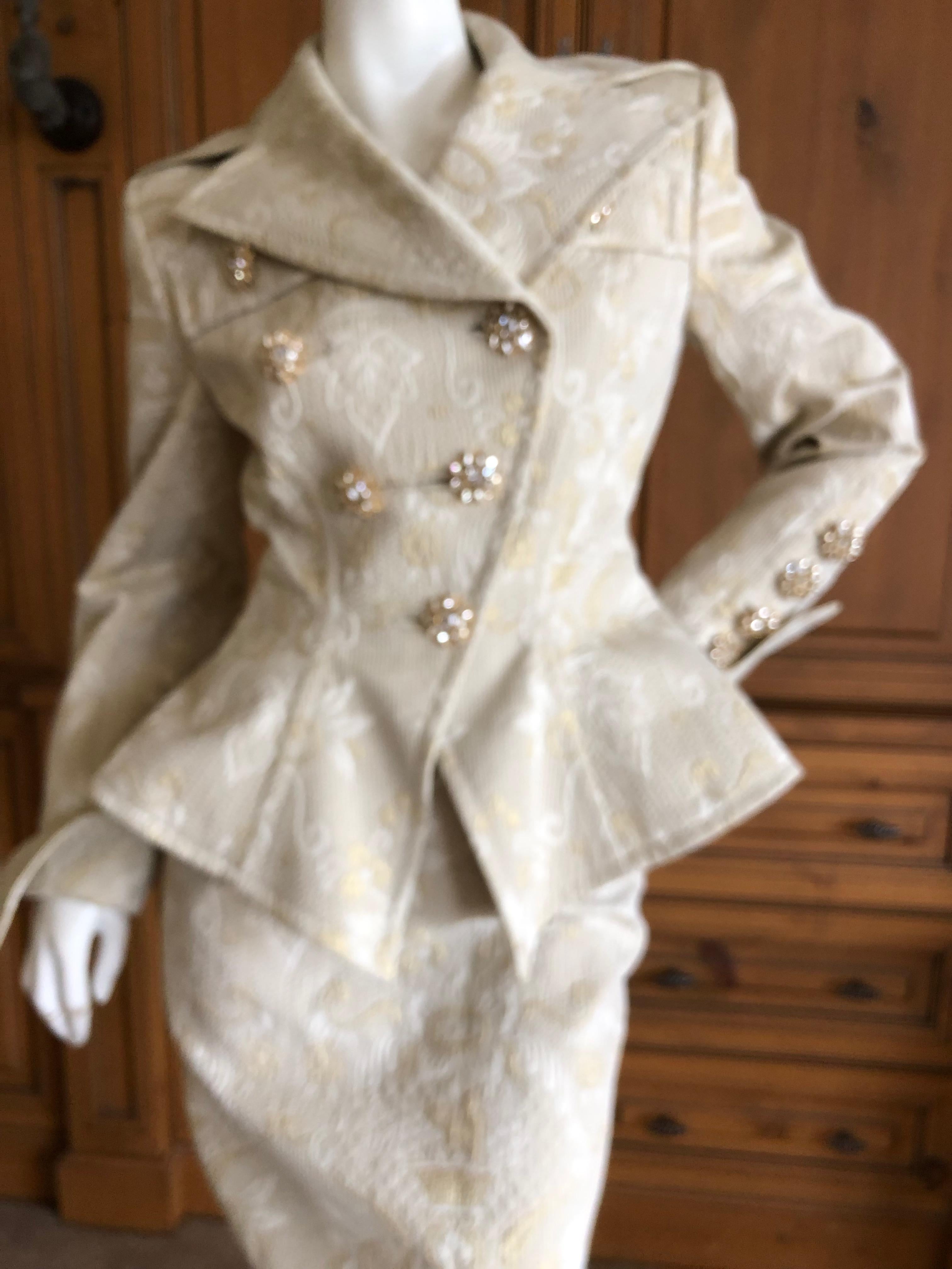 Christian Lacroix Vintage Jacquard Peplum Accented Suit w Jeweled Buttons & Belt For Sale 2