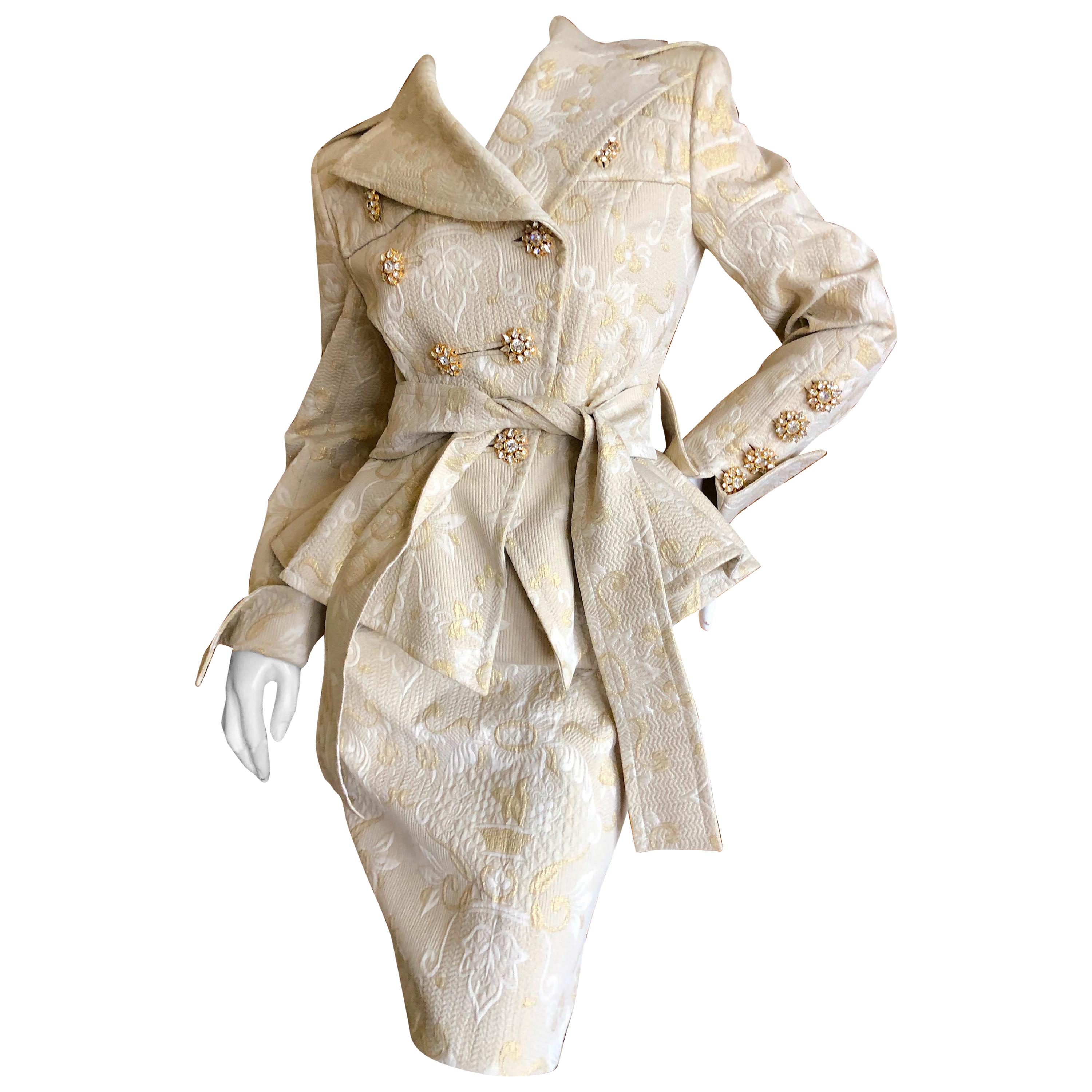 Christian Lacroix Vintage Jacquard Peplum Accented Suit w Jeweled Buttons & Belt For Sale