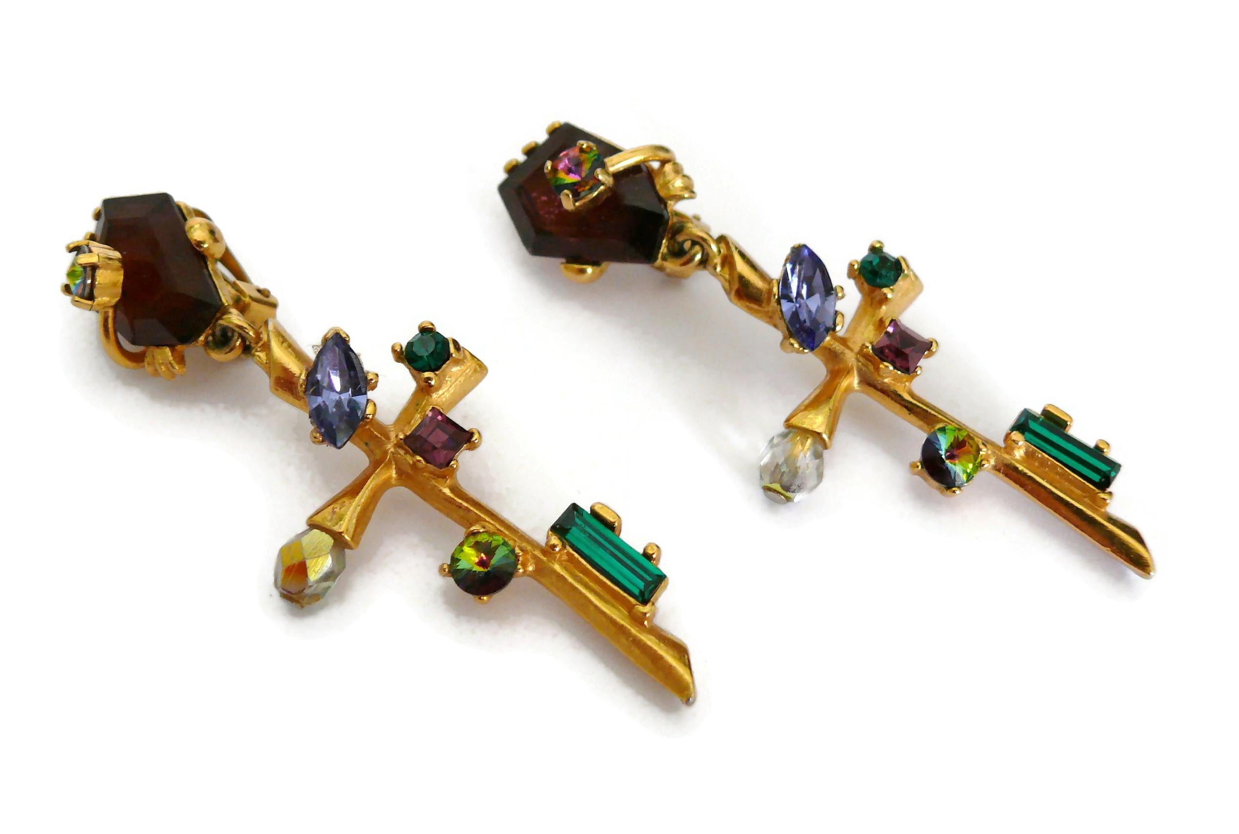 Christian Lacroix Vintage Jewelled Abstract Cross Dangling Earrings In Good Condition For Sale In Nice, FR