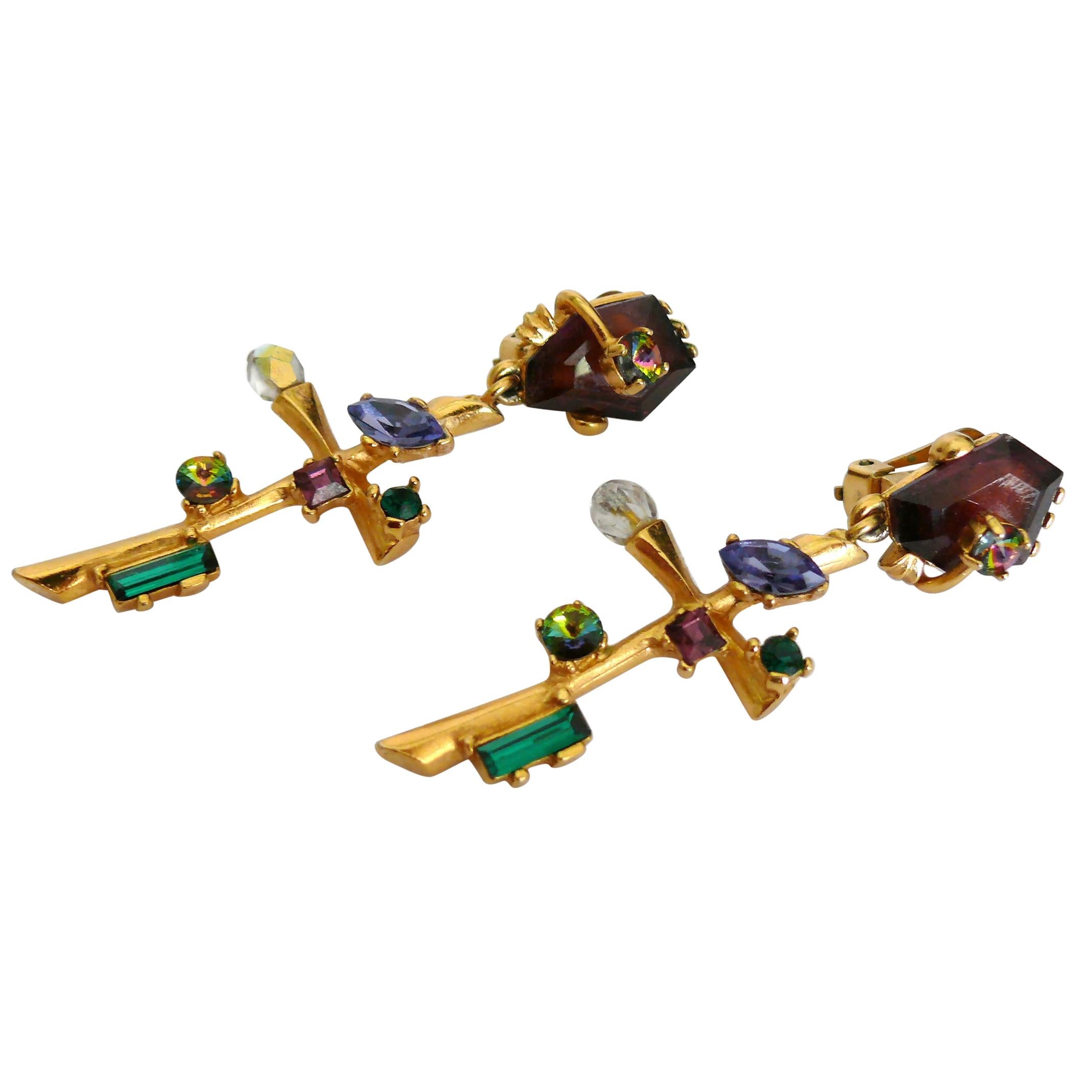 Christian Lacroix Vintage Jewelled Abstract Cross Dangling Earrings For Sale