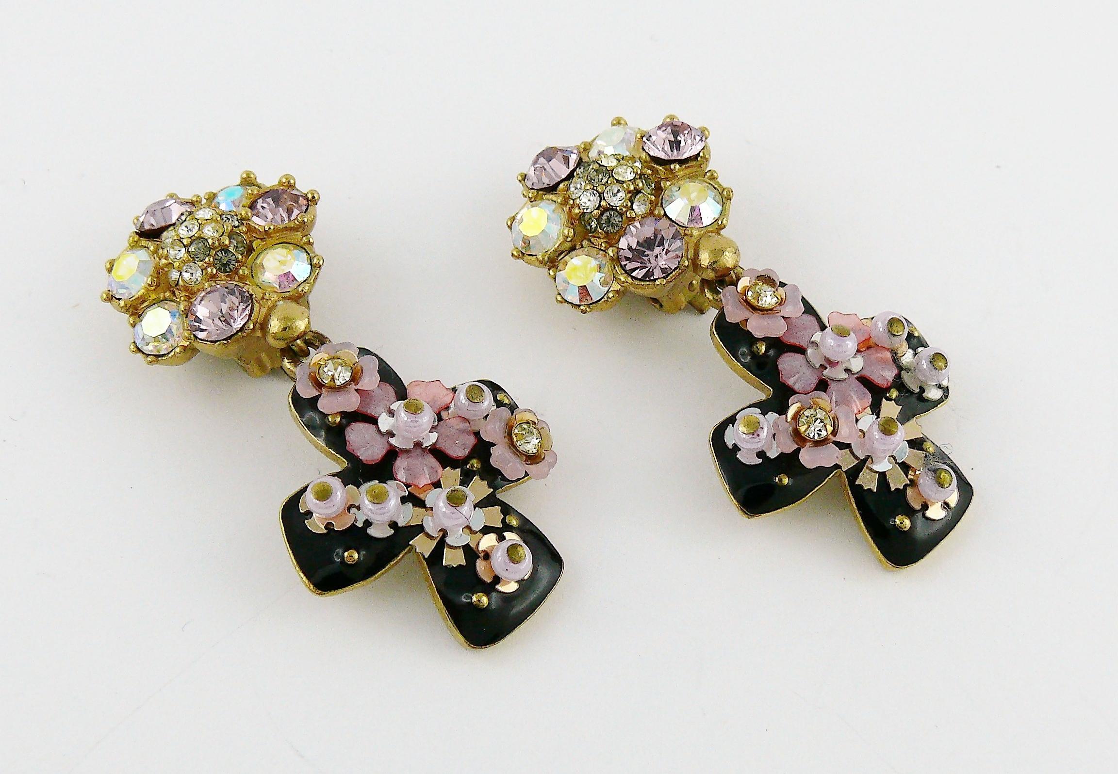 Christian Lacroix Vintage Jewelled Black Enamel Cross Dangling Earrings In Excellent Condition In Nice, FR