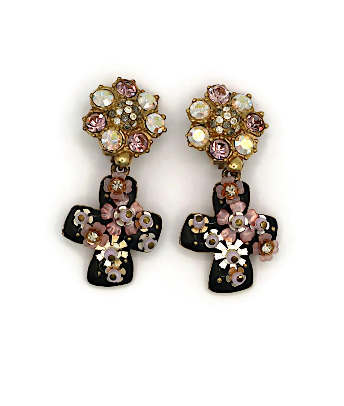 Women's CHRISTIAN LACROIX Vintage Jewelled Black Enamel Cross Dangling Earrings For Sale