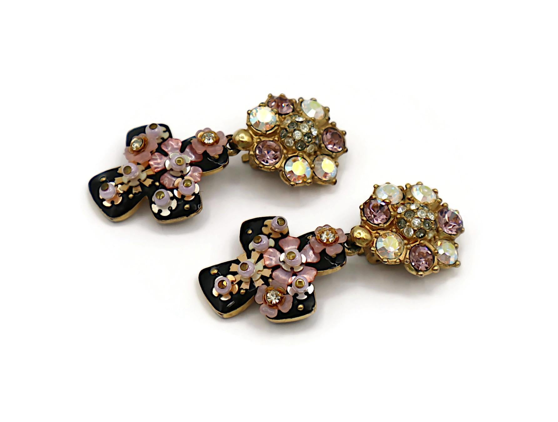 CHRISTIAN LACROIX Vintage Jewelled Black Enamel Cross Dangling Earrings For Sale 1