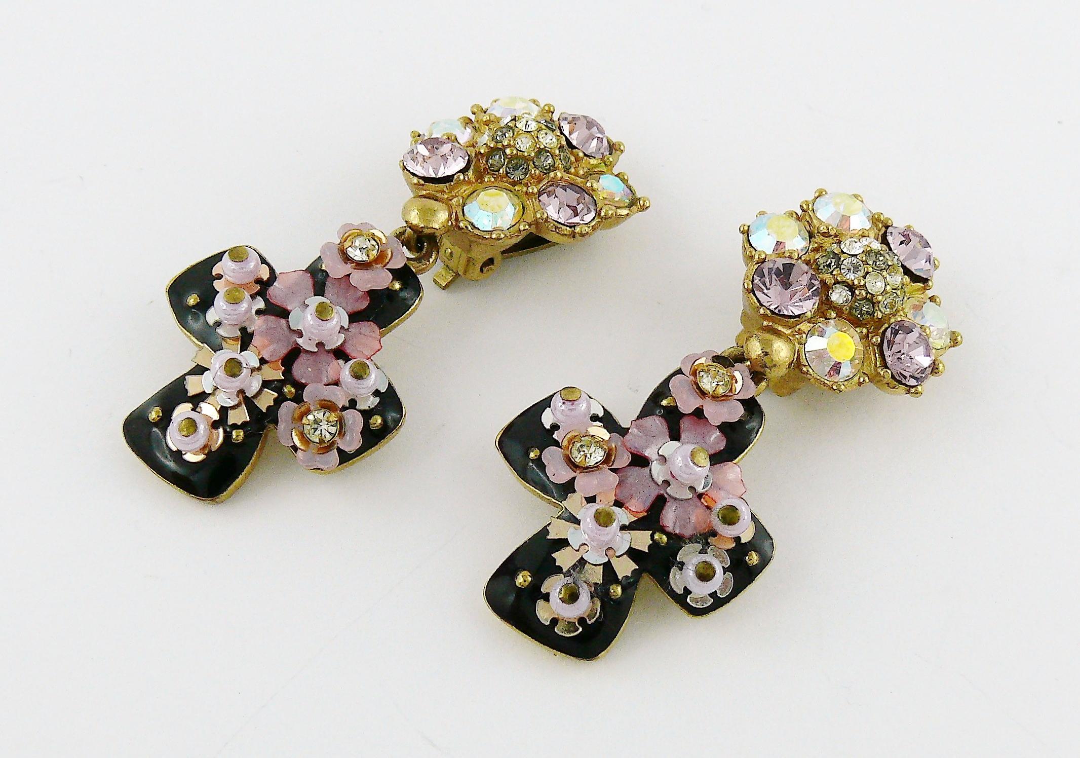 Christian Lacroix Vintage Jewelled Black Enamel Cross Dangling Earrings 1