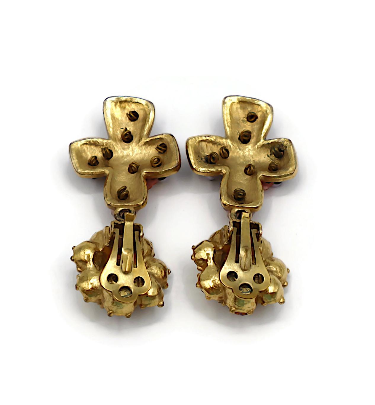CHRISTIAN LACROIX Vintage Jewelled Black Enamel Cross Dangling Earrings For Sale 3