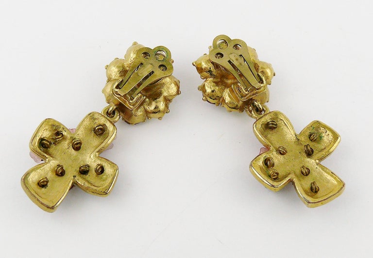 Christian Lacroix Vintage Jewelled Black Enamel Cross Dangling Earrings