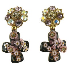 Christian Lacroix Vintage Jewelled Black Enamel Cross Dangling Earrings