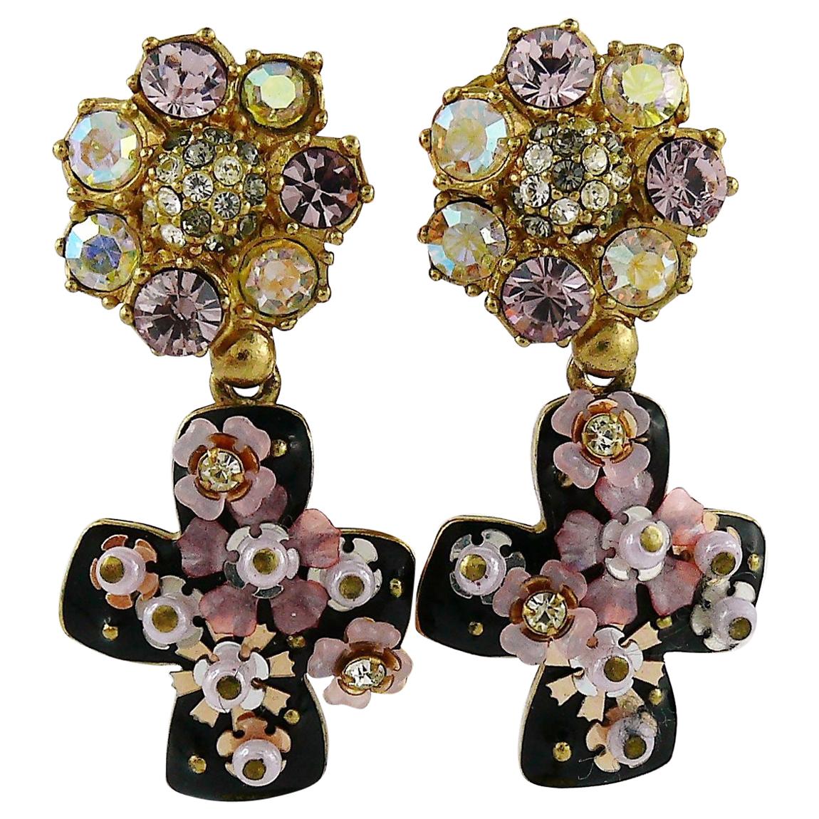 Christian Lacroix Vintage Jewelled Black Enamel Cross Dangling Earrings