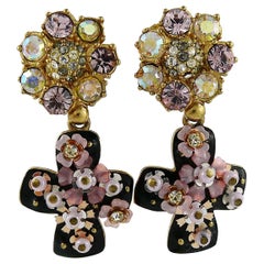 Christian Lacroix Vintage Jewelled Black Enamel Cross Dangling Earrings