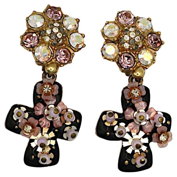 CHRISTIAN LACROIX Vintage Jewelled Black Enamel Cross Dangling Earrings For Sale