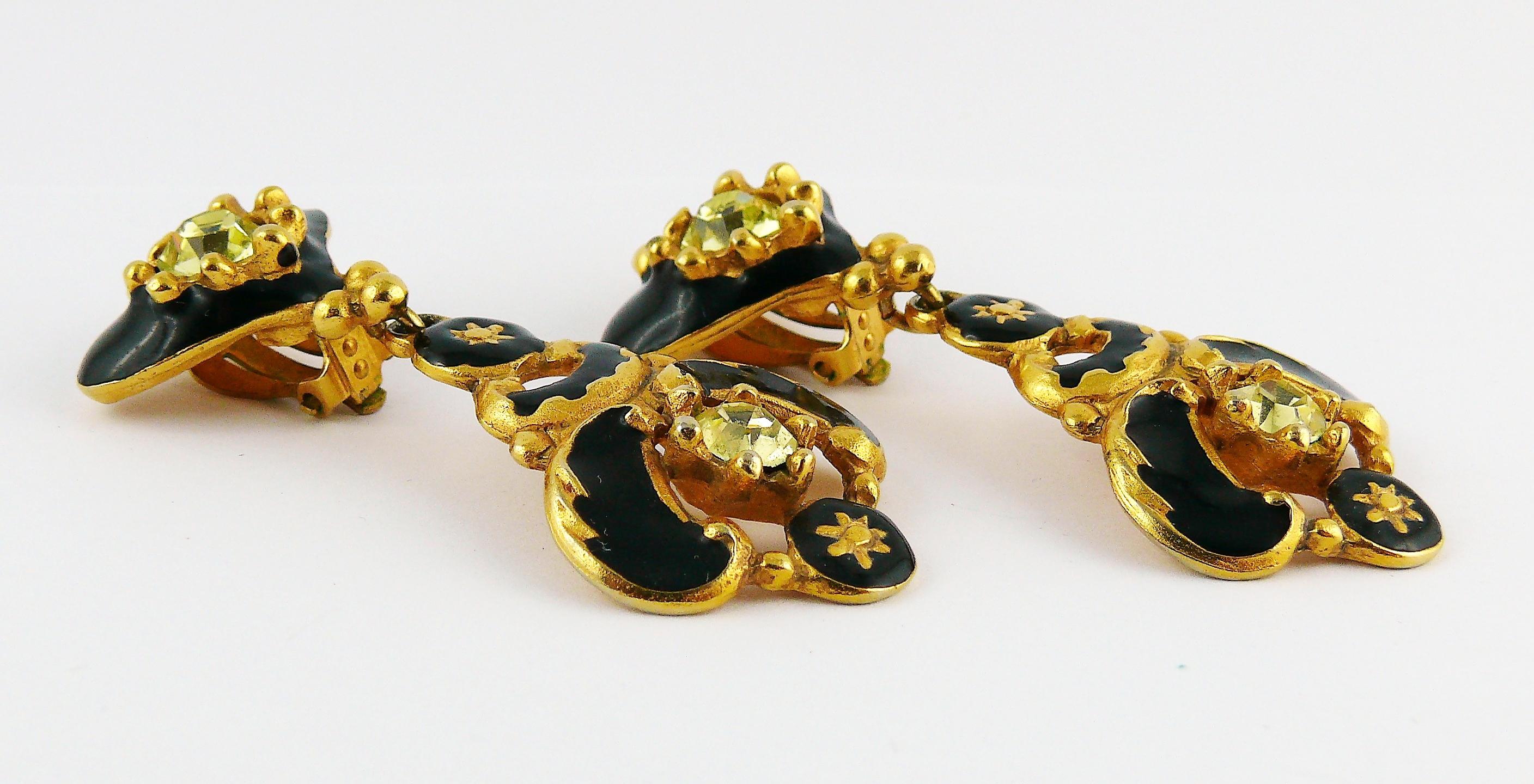 Women's Christian Lacroix Vintage Jewelled Black Enamel Heart Baroque Dangling Earrings