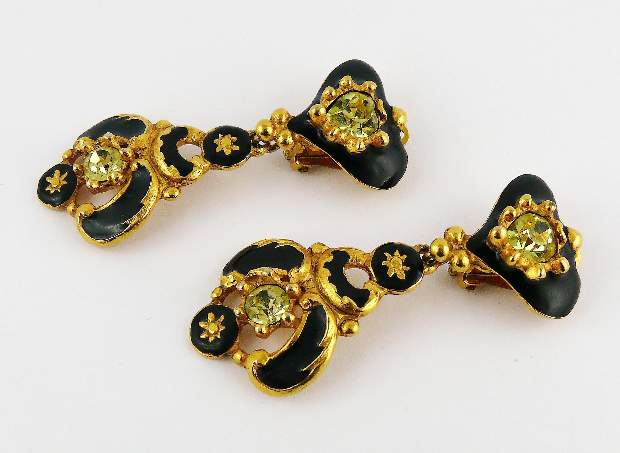 Christian Lacroix Vintage Jewelled Black Enamel Heart Baroque Dangling Earrings 1