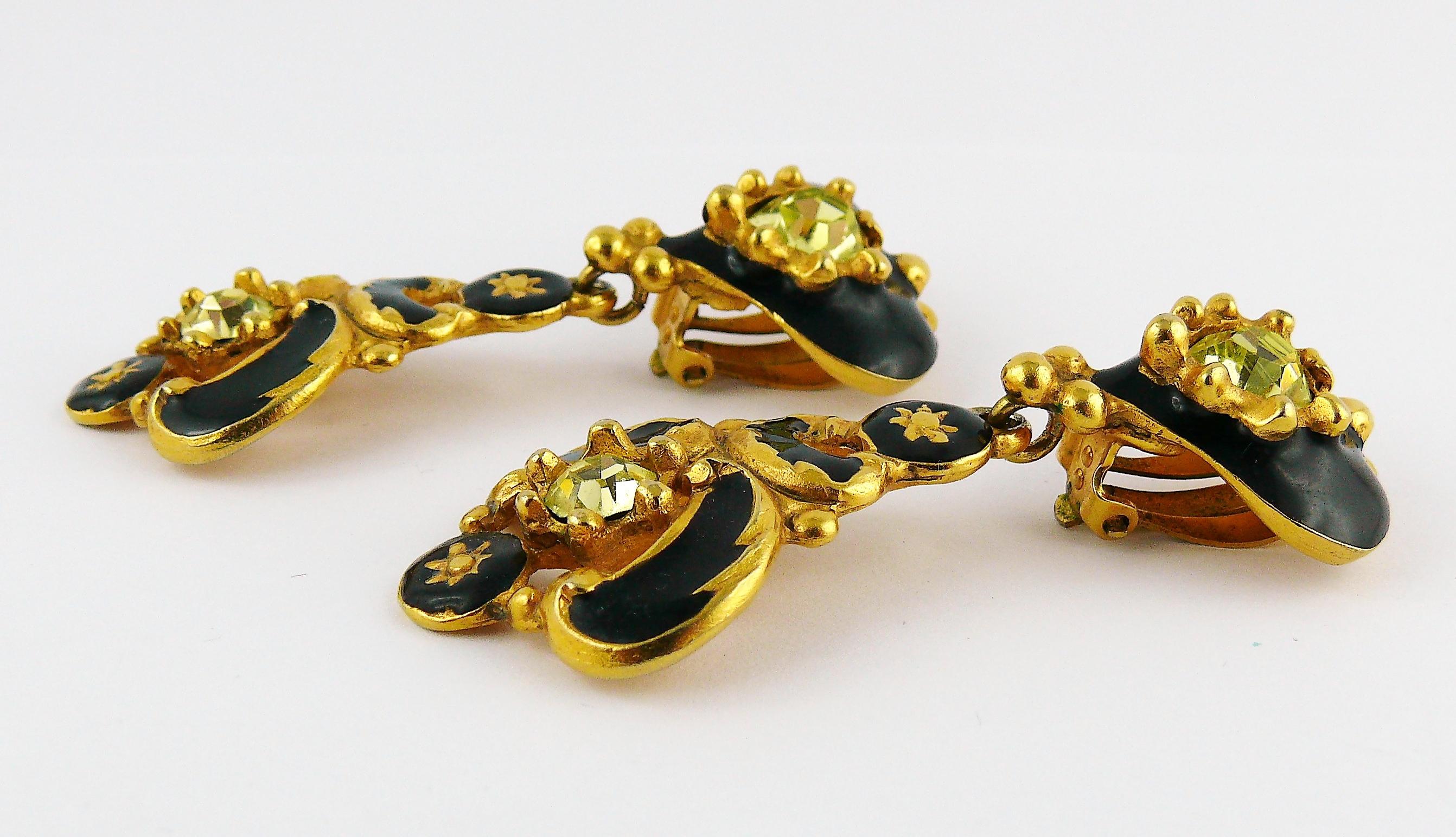Christian Lacroix Vintage Jewelled Black Enamel Heart Baroque Dangling Earrings 2