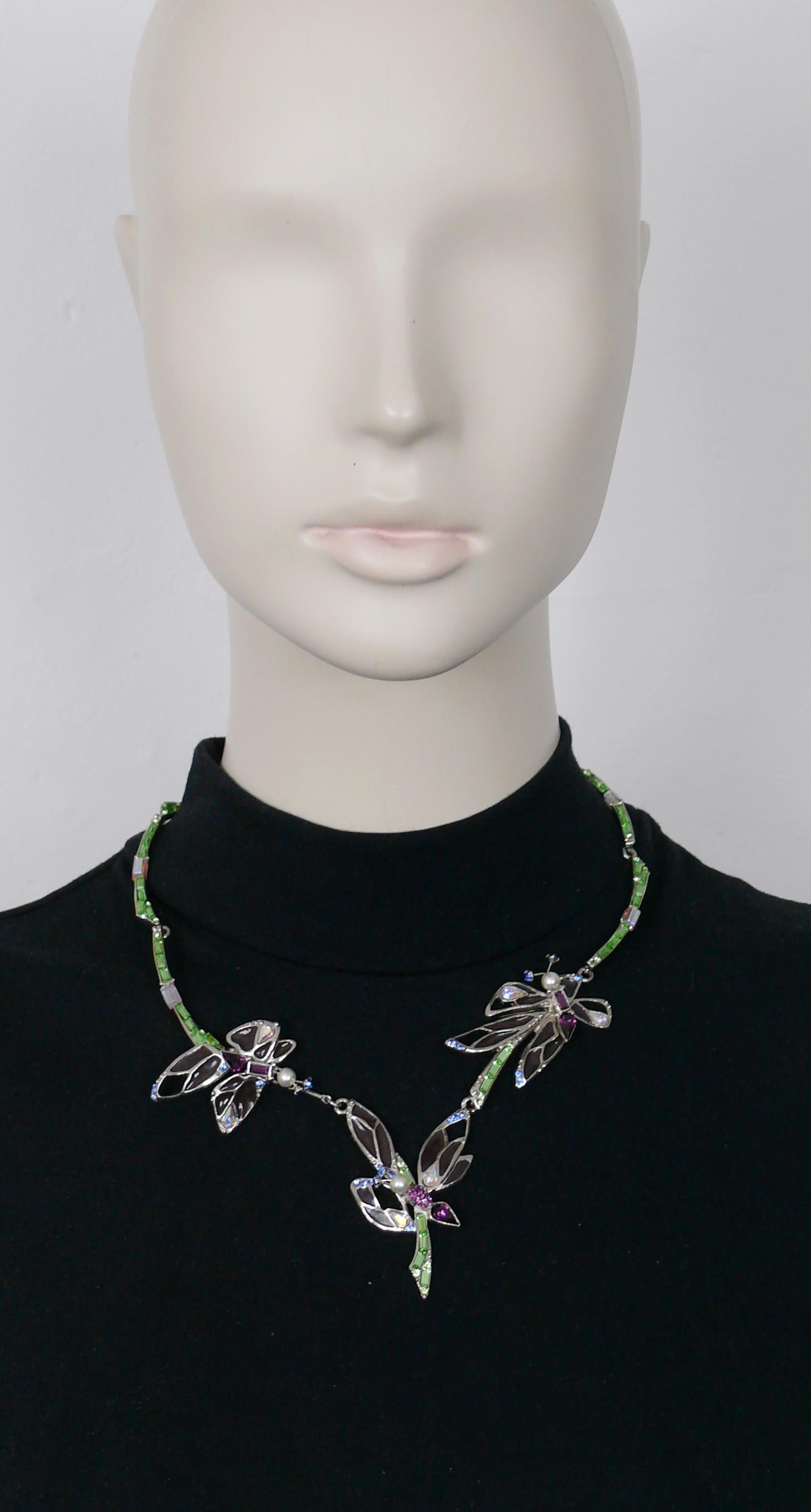 CHRISTIAN LACROIX vintage silver toned necklace featuring three butterflies embellished with purple resin stained glass like wings, multicolored crystals, faux pearl and a pair of antennae with blue crystals. The chain links are embellished with