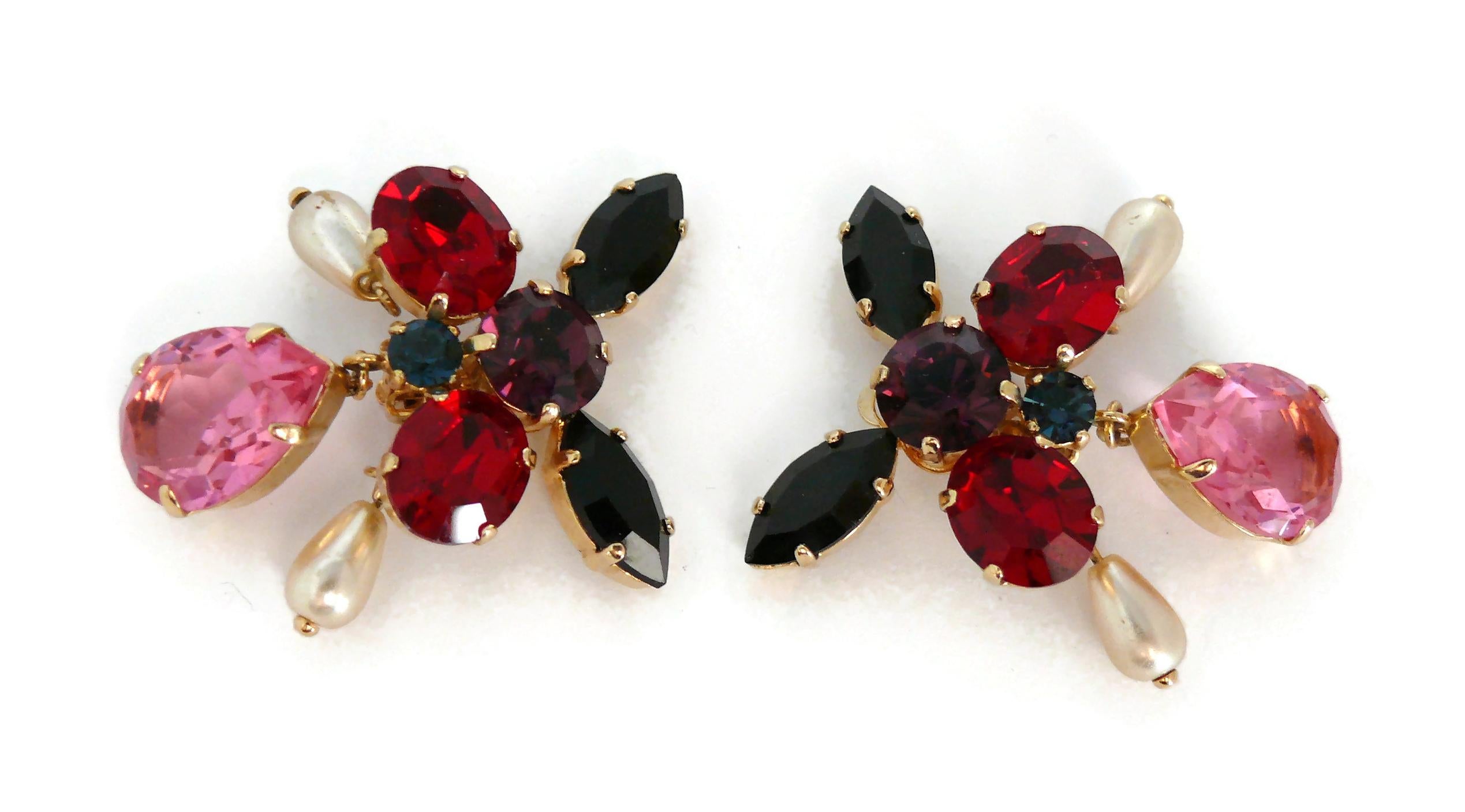 Christian Lacroix Vintage Jewelled Butterfly Shaped Clip On Earrings In Good Condition For Sale In Nice, FR