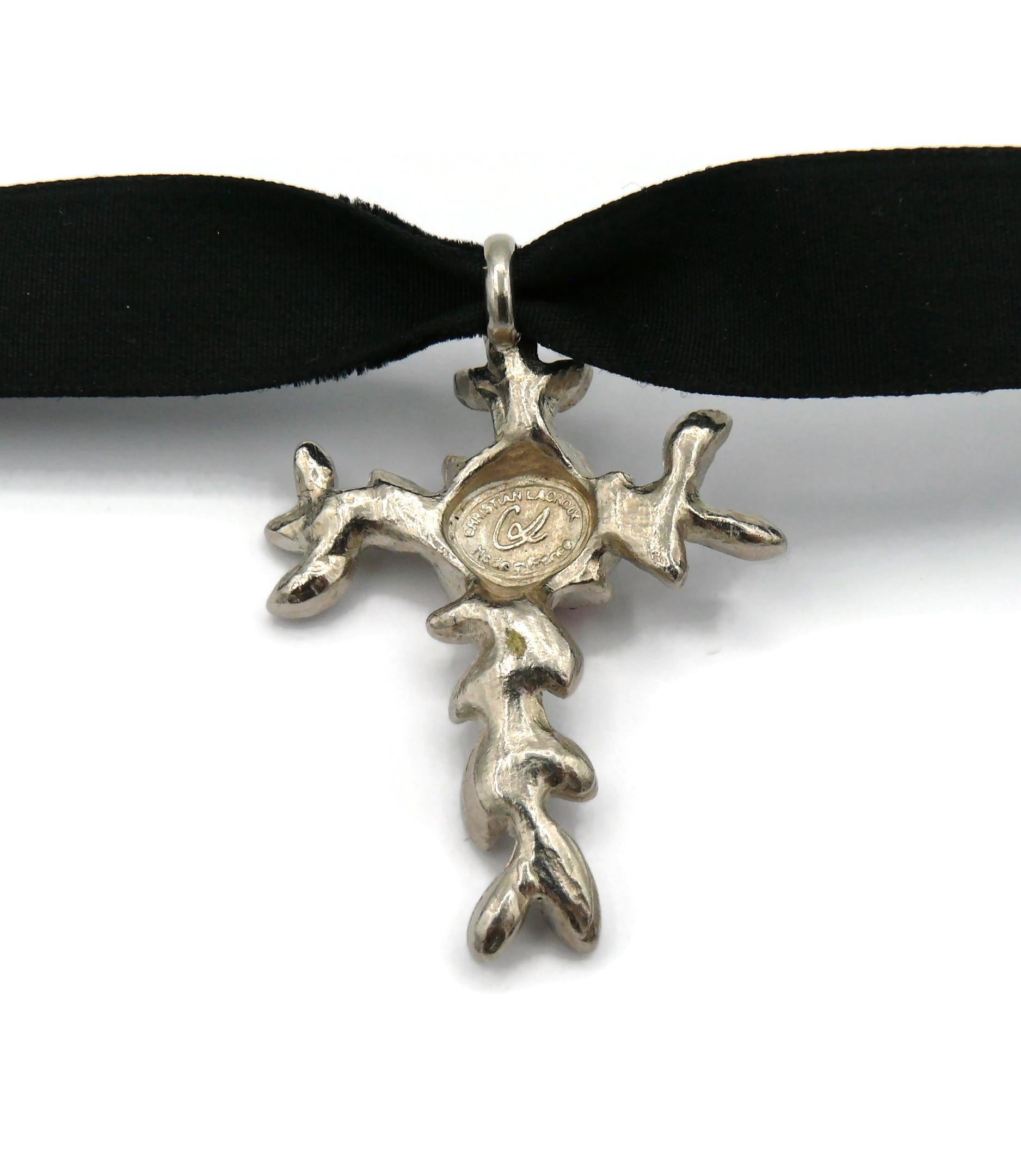 CHRISTIAN LACROIX Vintage Jewelled Floral Cross Pendant For Sale 3