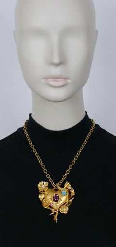 CHRISTIAN LACROIX Vintage Jewelled Floral Mirrored Heart Pendant Necklace