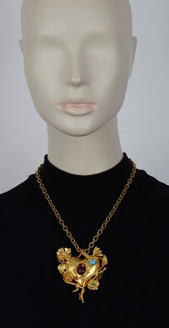 CHRISTIAN LACROIX Vintage Jewelled Floral Mirrored Heart Pendant Necklace