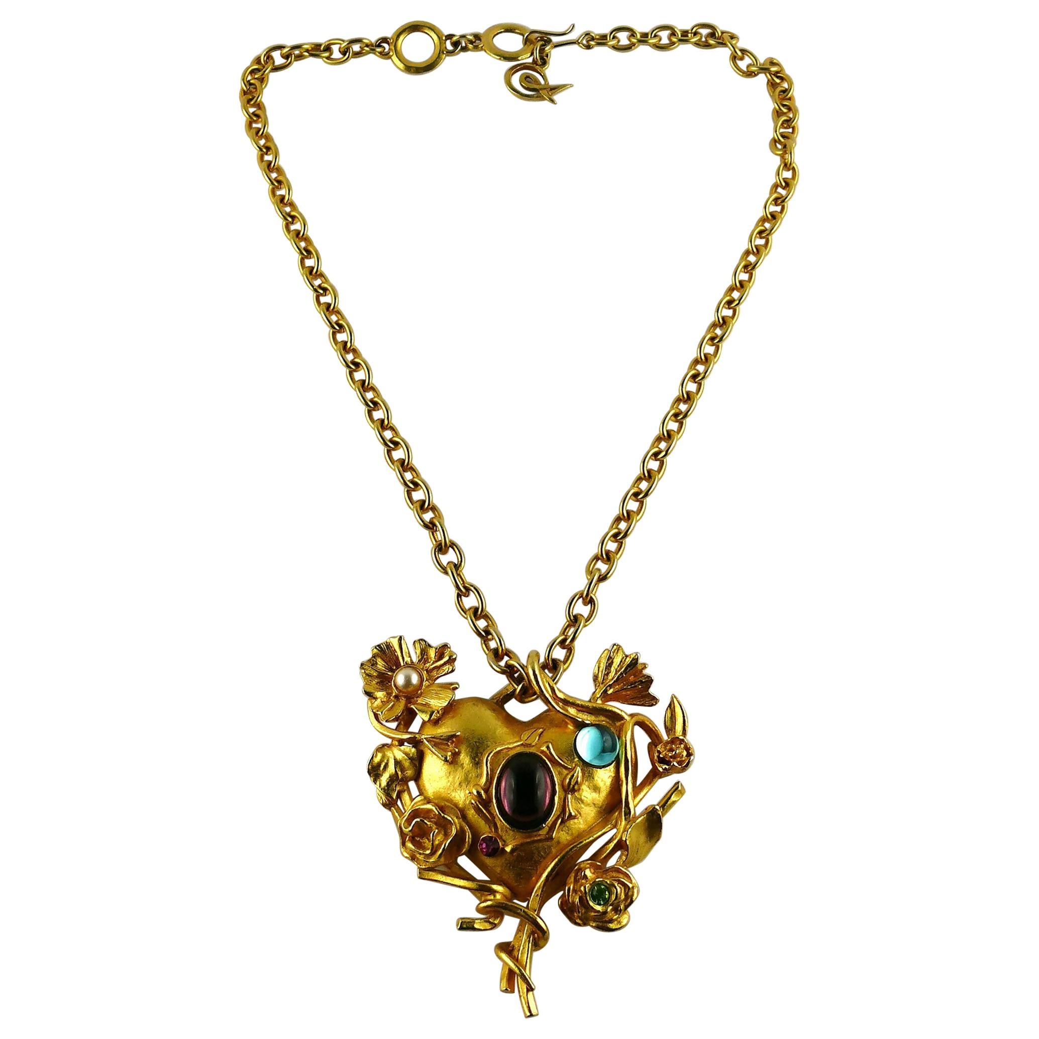 Christian Lacroix Vintage Jewelled Floral Mirrored Heart Pendant Necklace