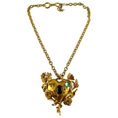 Christian Lacroix Vintage Jewelled Floral Mirrored Heart Pendant Necklace