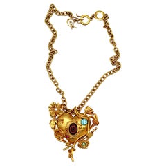 CHRISTIAN LACROIX Vintage Jewelled Floral Mirrored Heart Pendant Necklace