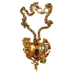 CHRISTIAN LACROIX Vintage Jewelled Floral Mirrored Heart Pendant Necklace