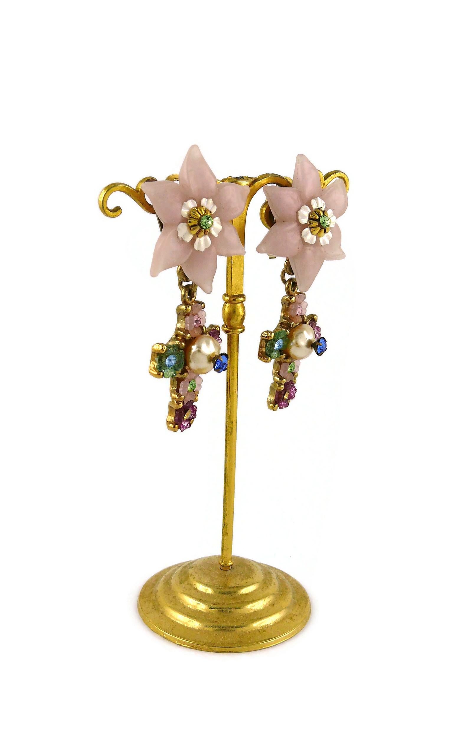 Christian Lacroix Vintage Jewelled Flower Cross Dangling Earrings  In Excellent Condition In Nice, FR