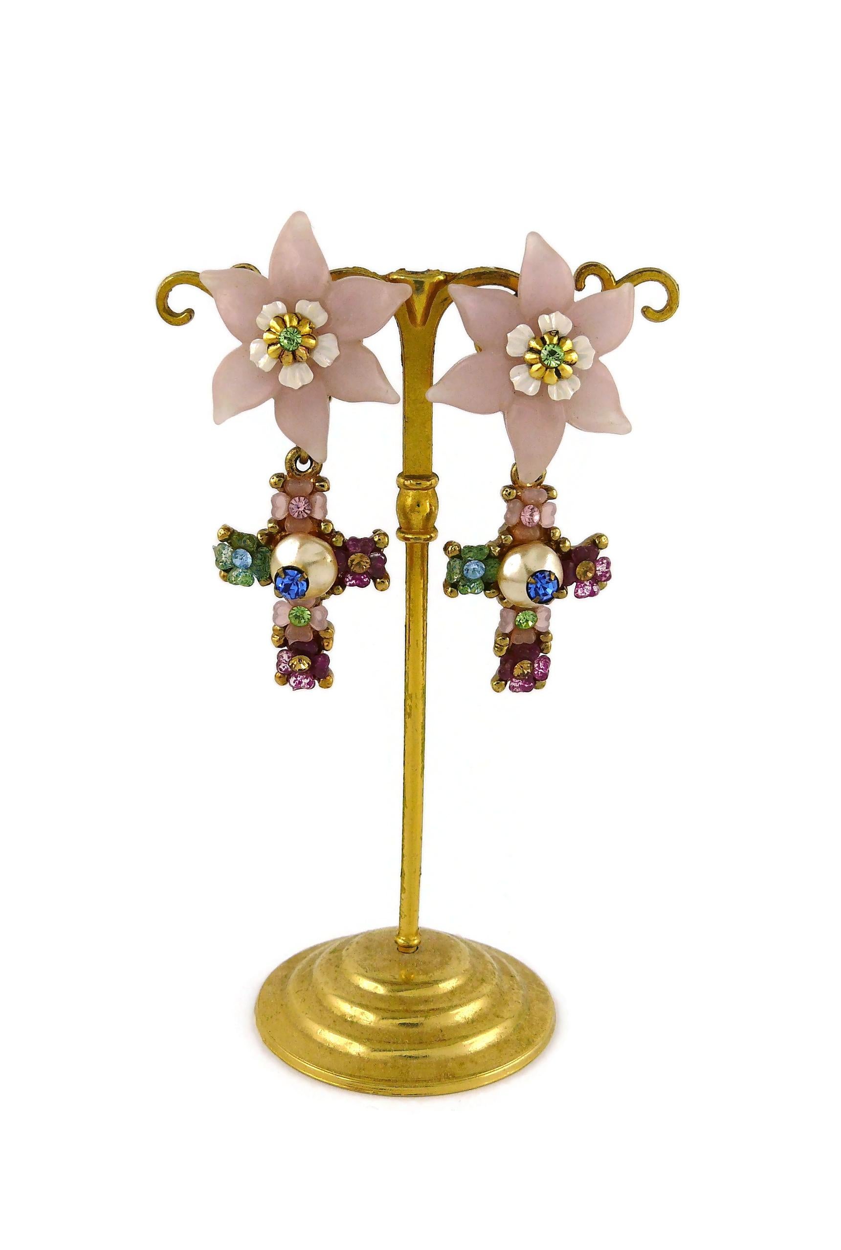 Women's Christian Lacroix Vintage Jewelled Flower Cross Dangling Earrings 