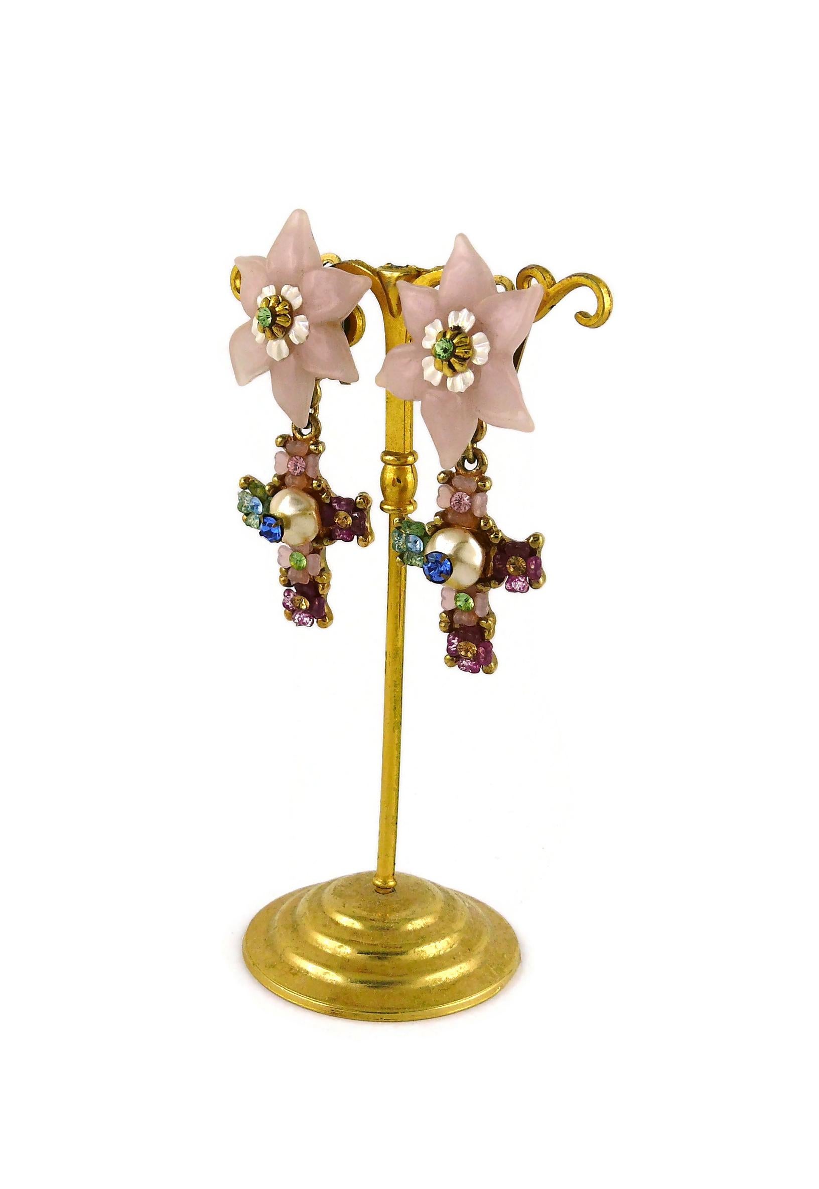 Christian Lacroix Vintage Jewelled Flower Cross Dangling Earrings  1