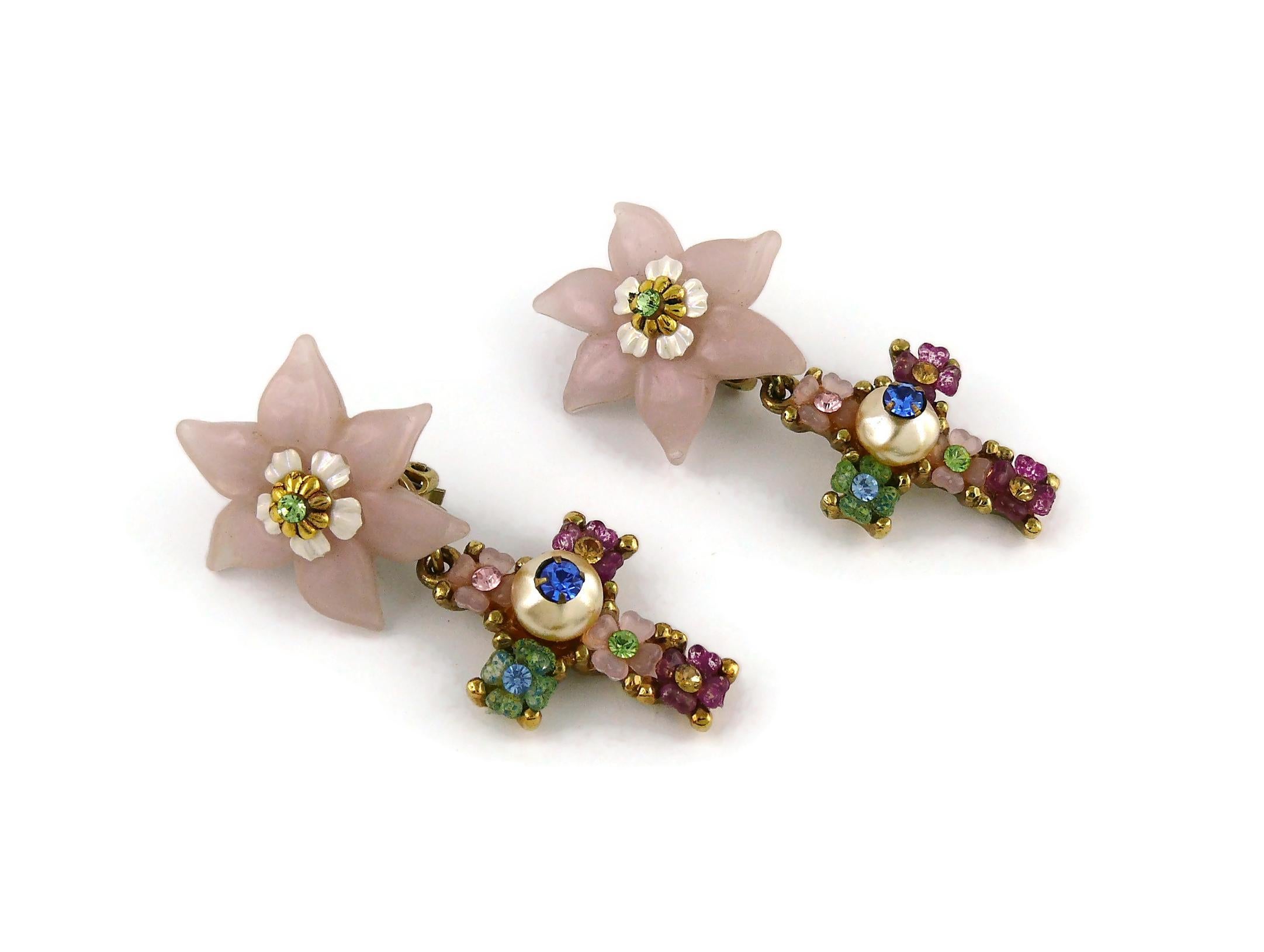 Christian Lacroix Vintage Jewelled Flower Cross Dangling Earrings  2