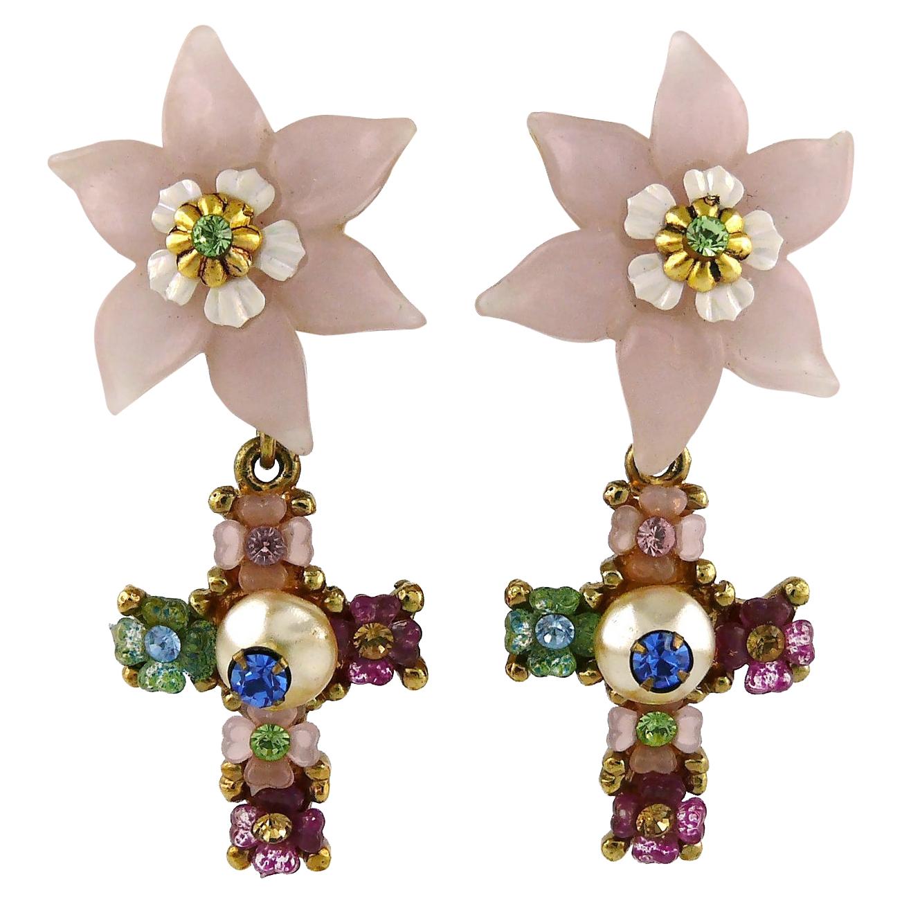 Christian Lacroix Vintage Jewelled Flower Cross Dangling Earrings 