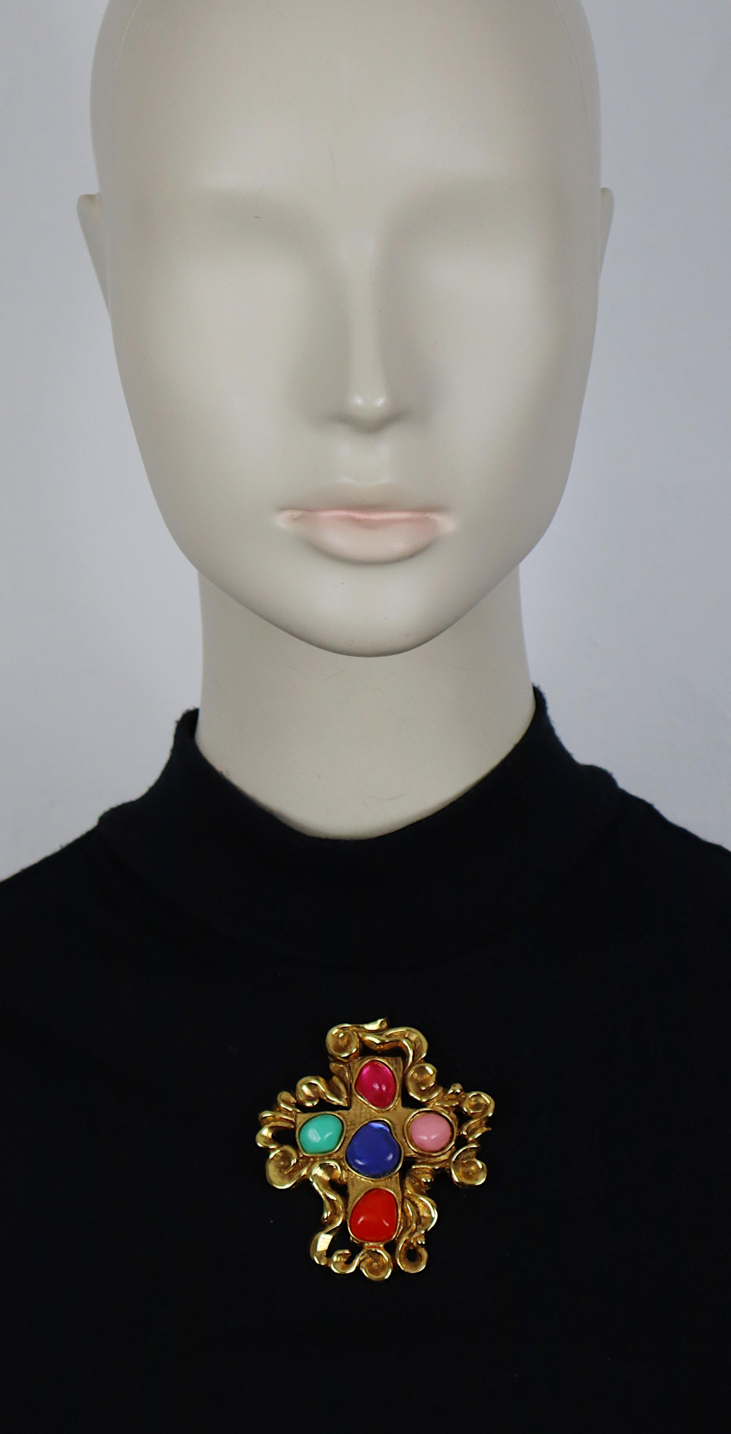 CHRISTIAN LACROIX Vintage Jewelled Gold Tone Baroque Cross Brooch For ...