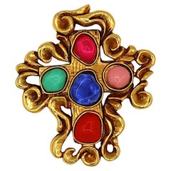 CHRISTIAN LACROIX Vintage Jewelled Gold Tone Baroque Cross Brooch