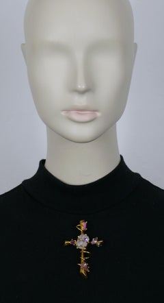 CHRISTIAN LACROIX Vintage Jewelled Gold Tone Cross Brooch Pendant