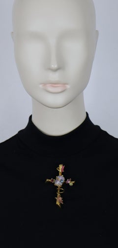 CHRISTIAN LACROIX Vintage Jewelled Gold Tone Cross Brooch Pendant